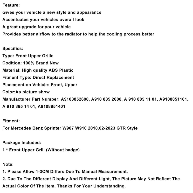 2018–2023 Mercedes Sprinter W907 W910 GTR-Stil Frontstoßstangengrill A9108852600