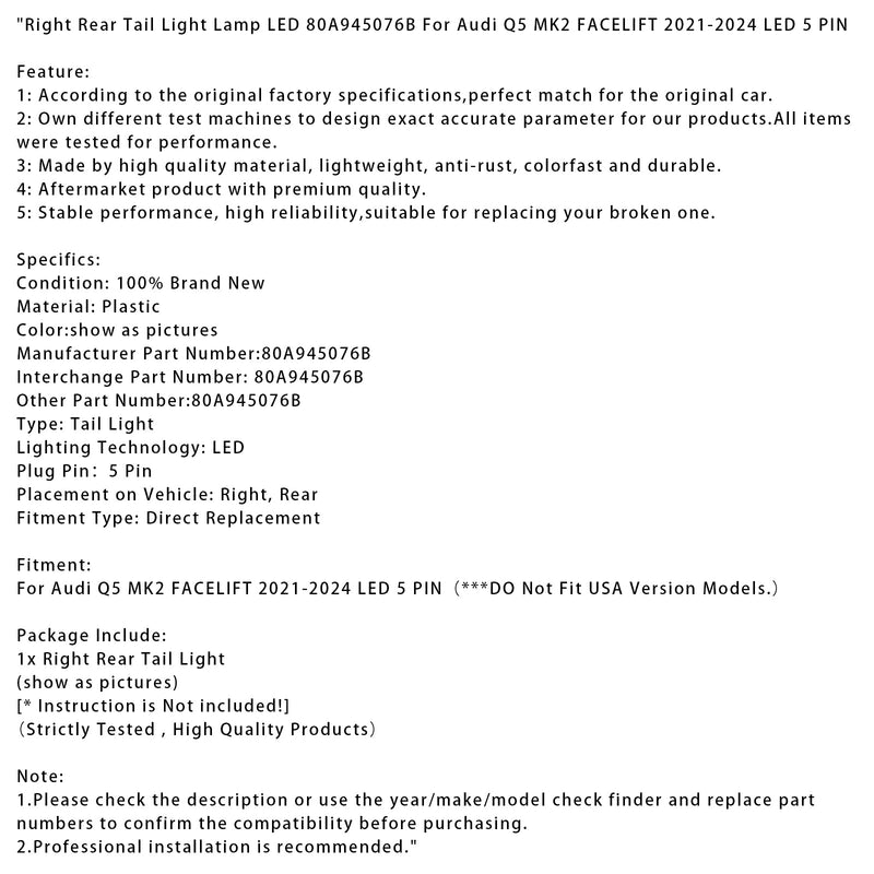 Rechte Rückleuchte LED für Audi Q5 MK2 Facelift 2021-2024, 5-polig