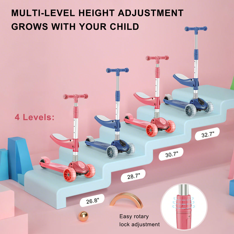 2-in-1 Kinderroller mit klappbarem Sitz, LED-Licht, 3 Rädern und verstellbarem Klapp-Lenker – Blau/Rosa