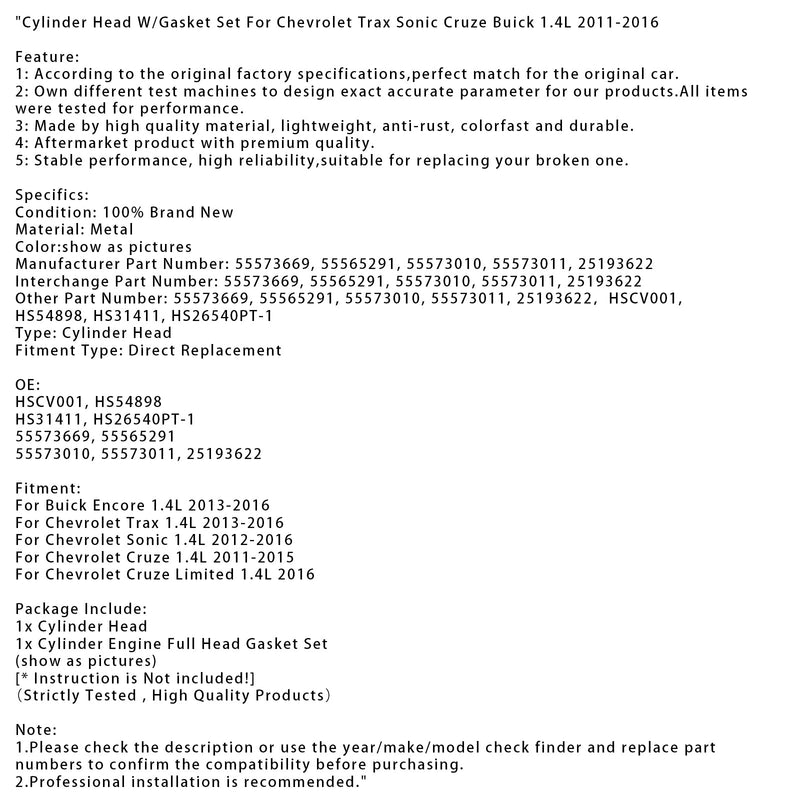 2012–2016 Chevrolet Sonic 1,4 l Zylinderkopf mit Dichtungssatz 55573669 HS26540PT-1