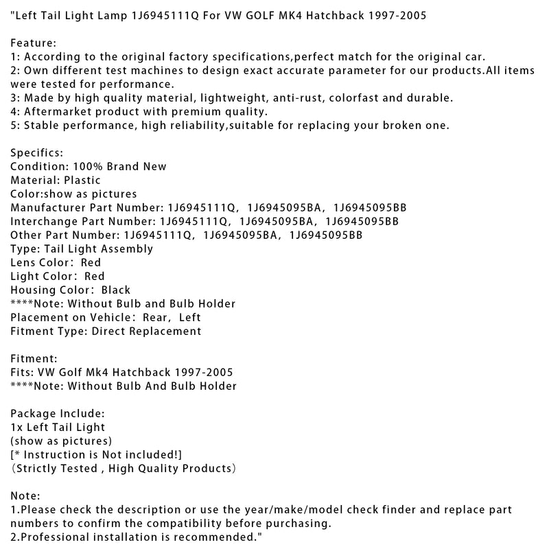 1997–2005 VW Golf MK4 Schrägheck, linke Rückleuchte, Teilenummer 1J6945111Q