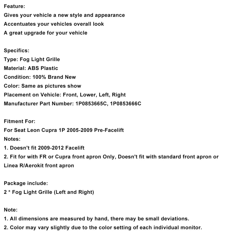 2 STÜCKE Frontstoßstange Nebelscheinwerfer Abdeckung Kühlergrill Grill Fit Seat Leon Cupra 2005-2012