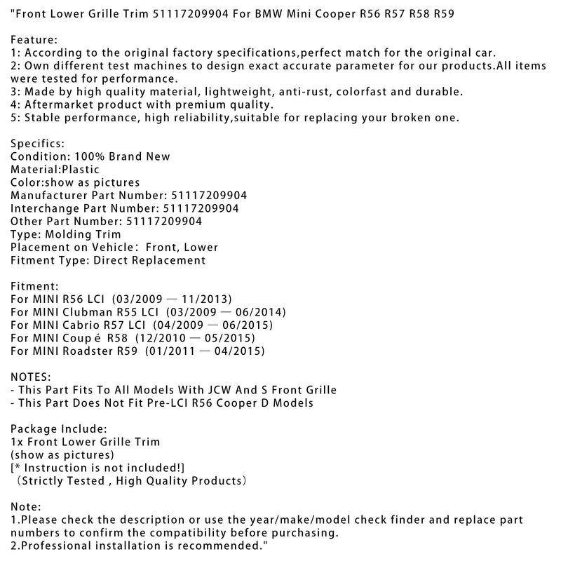04/2009-06/2015 Mini Cabrio R57 LCI Kühlergrillverkleidung vorne unten 51117209904