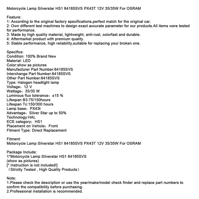 Motorradlampe Silverstar HS1 64185SVS PX43T 12V 35/35W für OSRAM