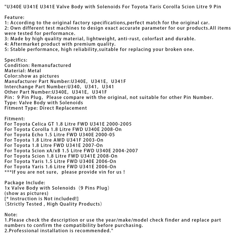 U340E U341E U341E Ventilkörper für Toyota Yaris Corolla Scion Liter 9 Pin