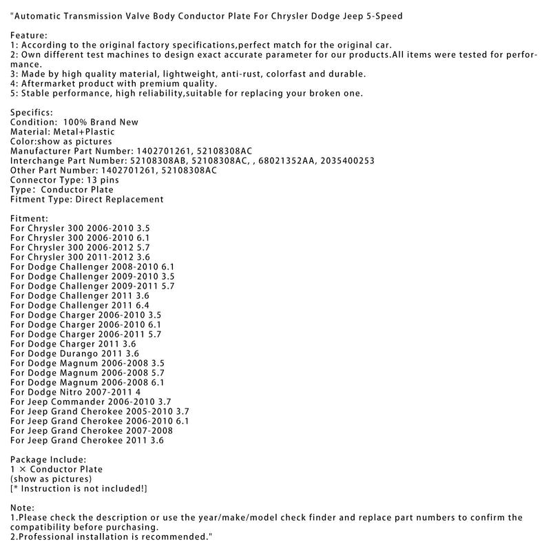2011 Dodge Durango 3.6 Placa de circuito del cuerpo de válvula de transmisión automática 5 velocidades 1402701261