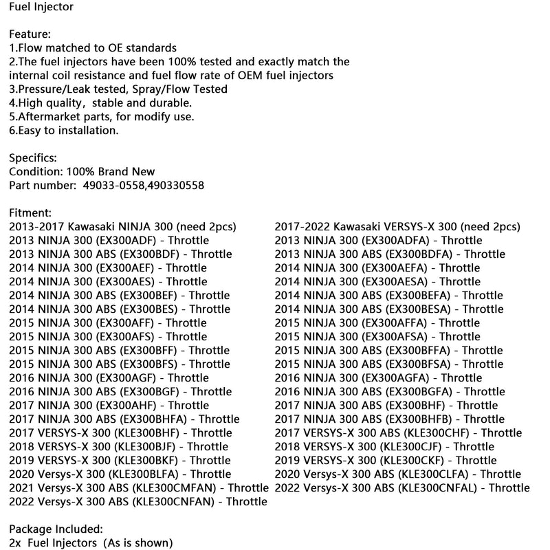 2ST bränsleinsprutare för Kawasaki Versys-X 300 2017-2022 Ninja 300 2013-2017 49033-0558