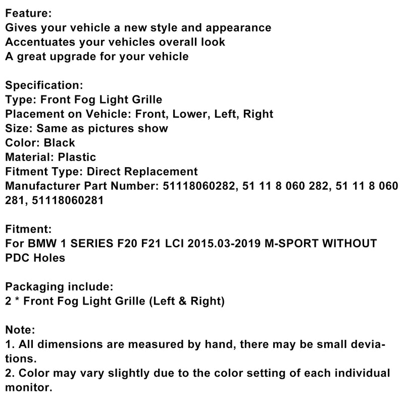 2015-2019 BMW 1 Série F20 F21 LCI M-SPORT 2-FOG LUZES CAPA GRILE