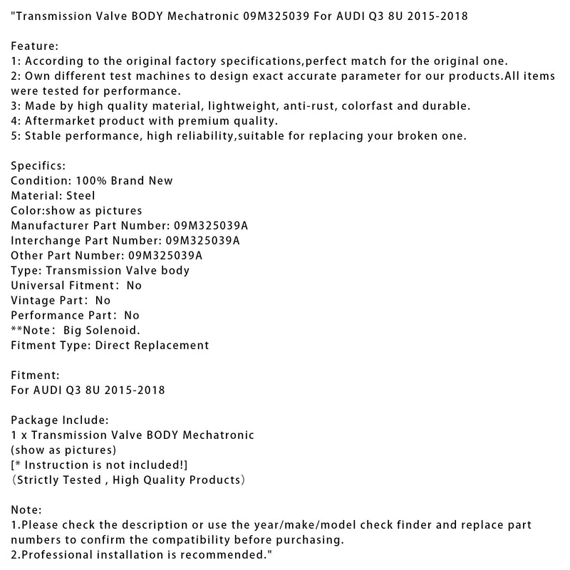 2015-2018 AUDI Q3 8U Getriebeventilgehäuse Mechatronik 09M325039