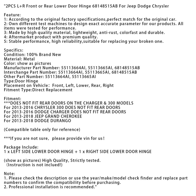 2 STK L+R Nedre dørhengsel foran eller bak 68148515AB For Jeep Dodge Chrysler