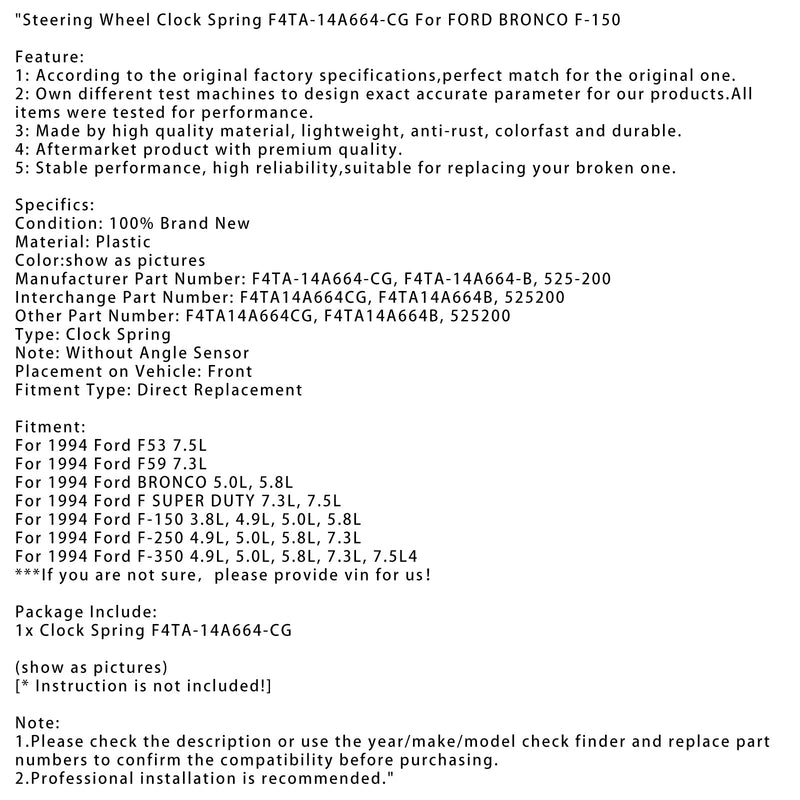 1994 Ford F-150 3,8L, 4,9L, 5,0L, 5,8L Rattklokkefjær F4TA-14A664-CG F4TA14A664B