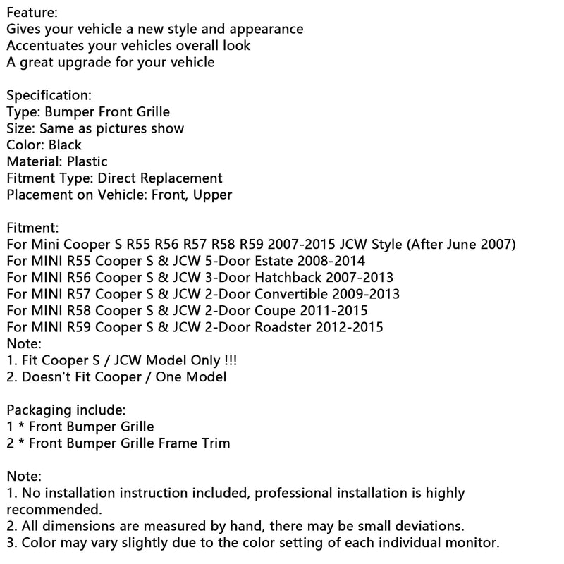 2007-2013 Mini R56 Cooper S & JCW 3-ovinen viistoperä 3-osainen kiiltävä musta etusäleikkö