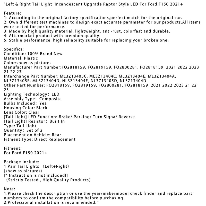 2021+ Ford F150 Led a pravý zadní světl světla Upgrade Raptor Style LED