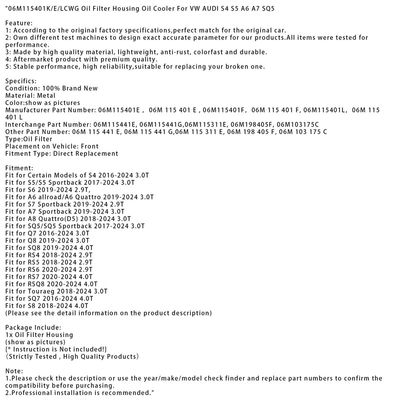 06M115401K/E/LCWG Ölfiltergehäuse Ölkühler für VW AUDI S4 S5 A6 A7 SQ5
