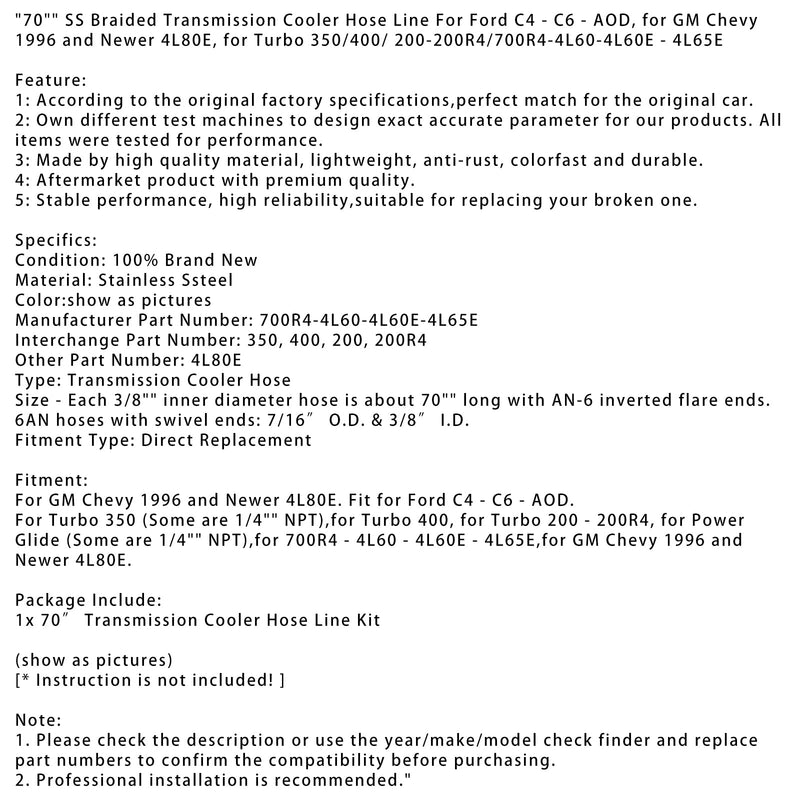 70"" SS geflochtene Getriebekühlerschlauchleitung für Turbo 700R4-4L60-4L60E - 4L65E