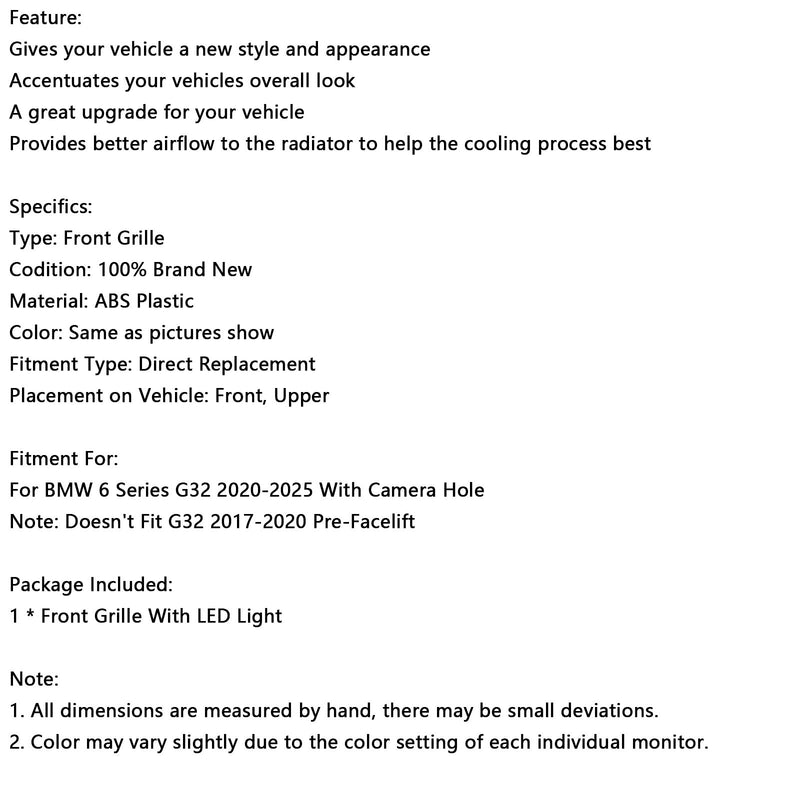 2020–2025 BMW 6 -sarja G32 Double-Amelle-munuaissrilli, musta