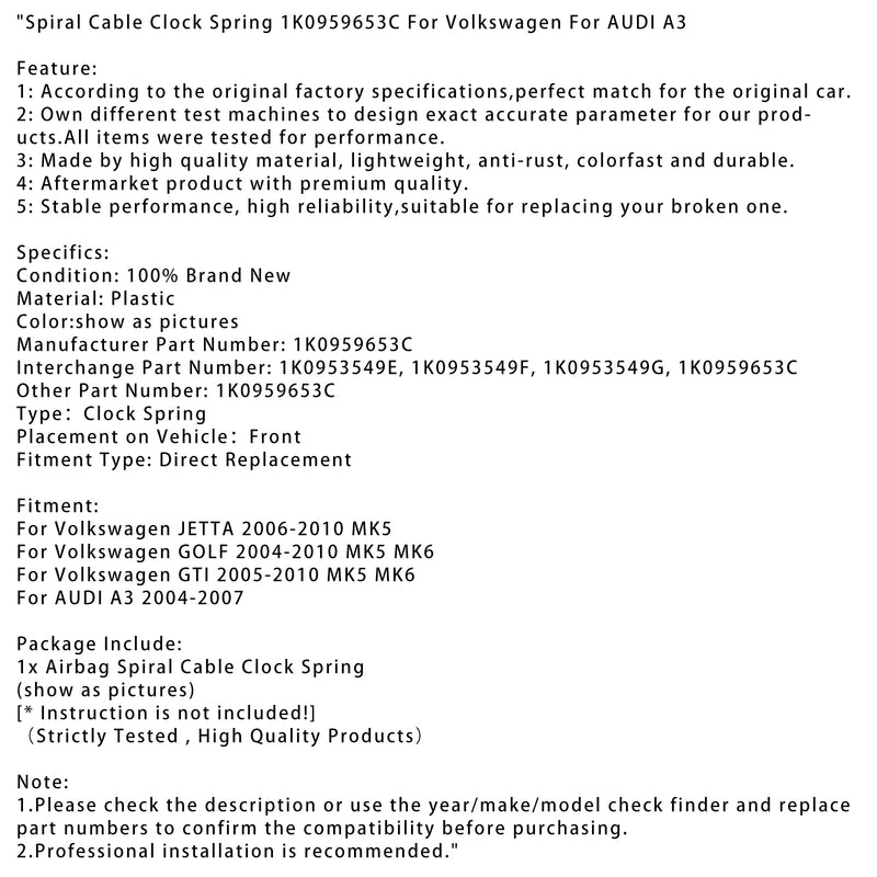 Spiralkabelfjær 1K0959653C for Volkswagen for Audi A3