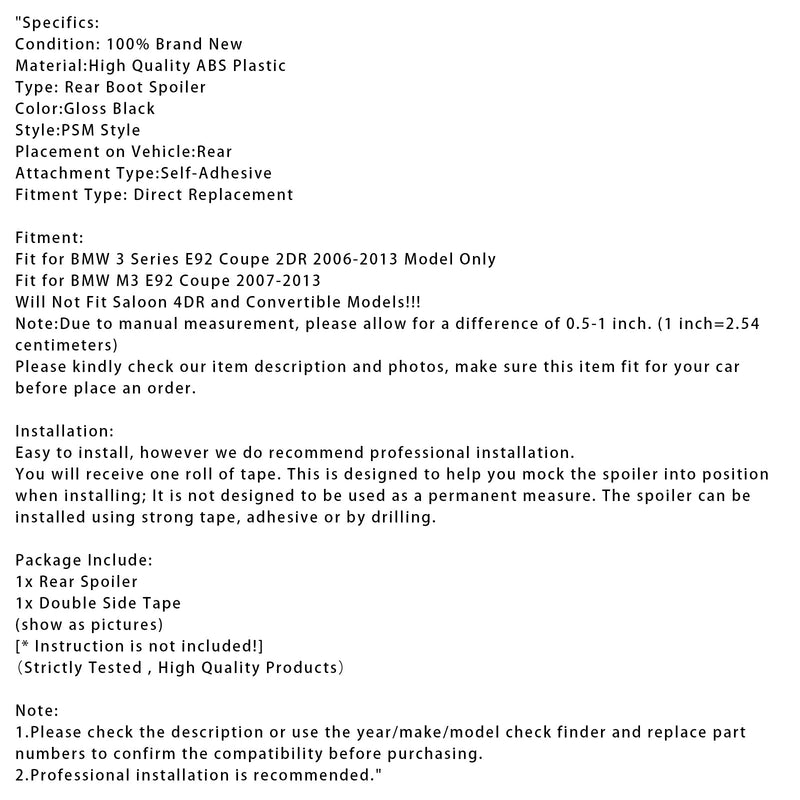 2006–2013 BMW 3er E92 Coupé 2DR Modell nur Hochglanz schwarz Heckspoiler