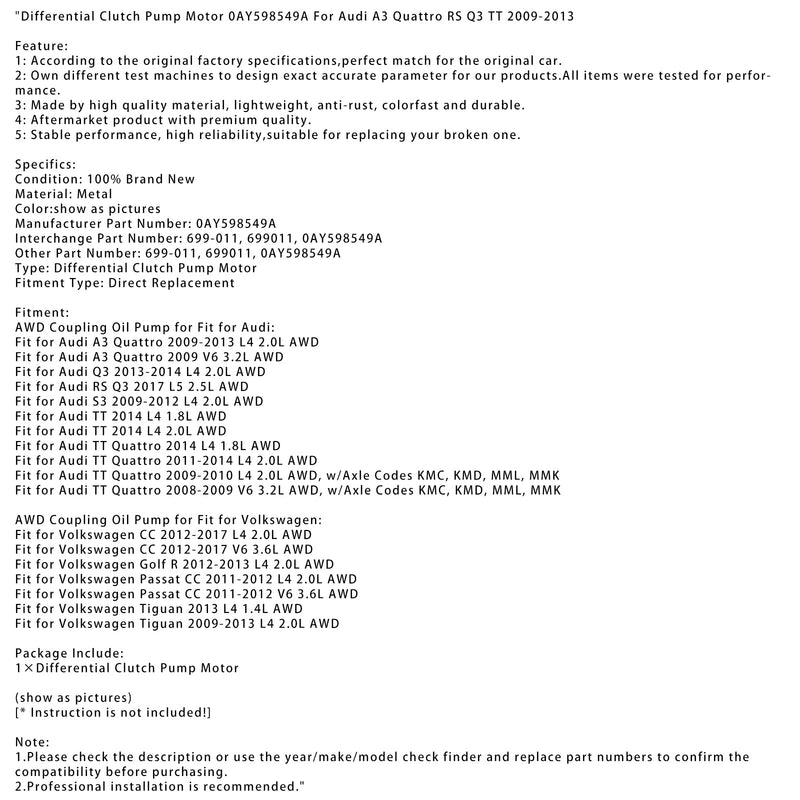 Differentialkopplingspumpmotor 0AY598549A För Audi A3 Quattro RS Q3 TT 2009-2013