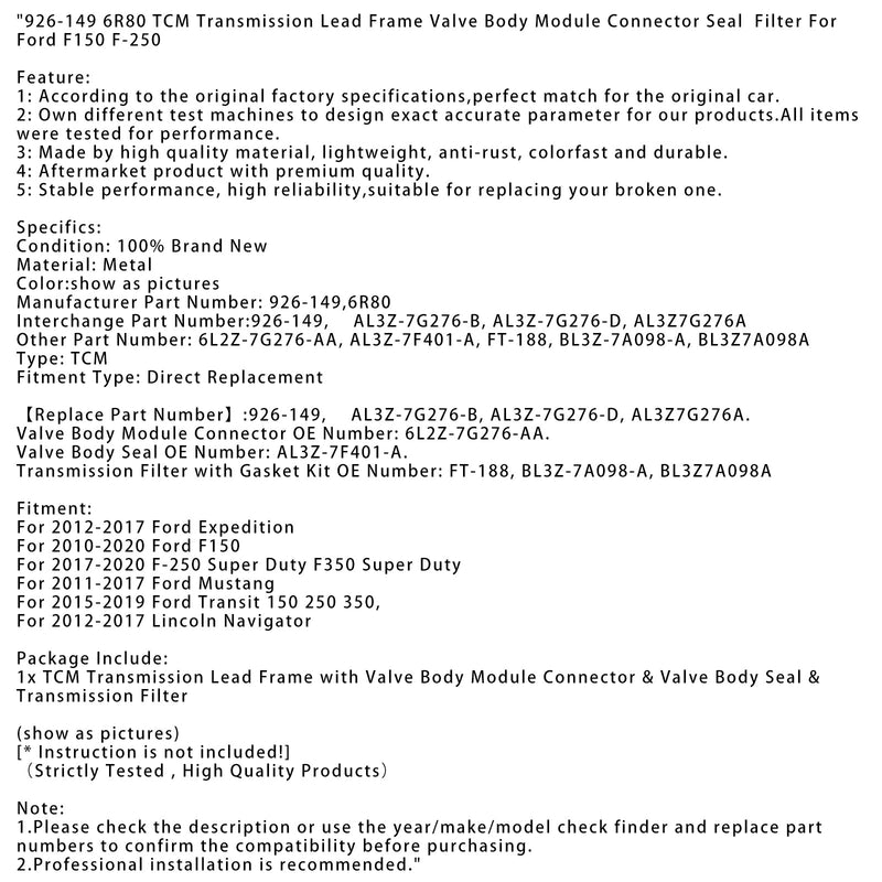 2015-2019 Ford Transit 150 250 350 TCM Getriebe Blei Rahmen Ventil Körper Modul Stecker Dichtung Filter