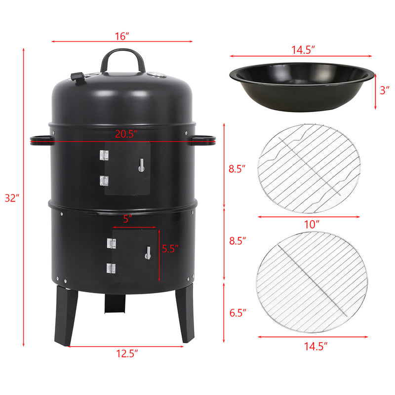 Abnehmbarer 3-in-1 Vertikaler Holzkohle-Smoker Tragbarer BBQ-Smoker-Grill