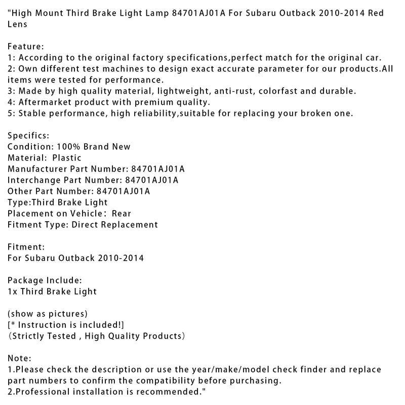 2010–2014 Subaru Outback High Mount Dritte Bremsleuchte Lampe 84701AJ01A rot