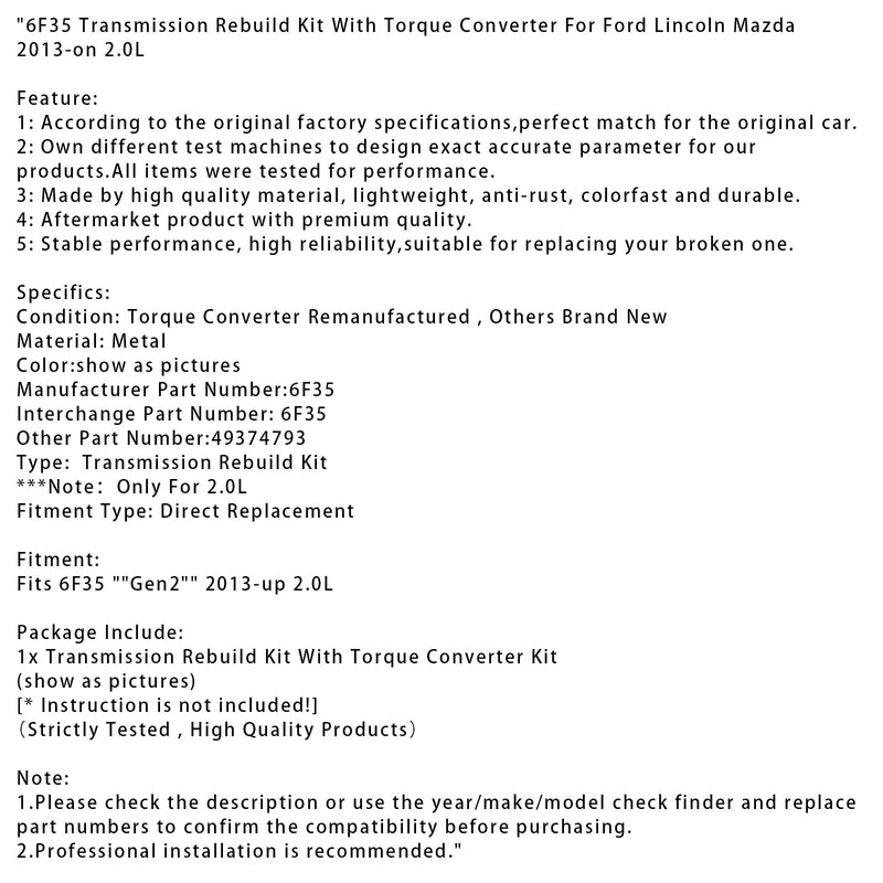 Ford 2.0L 6F35 Getriebe-Umbausatz mit Drehmomentwandler ab 2013