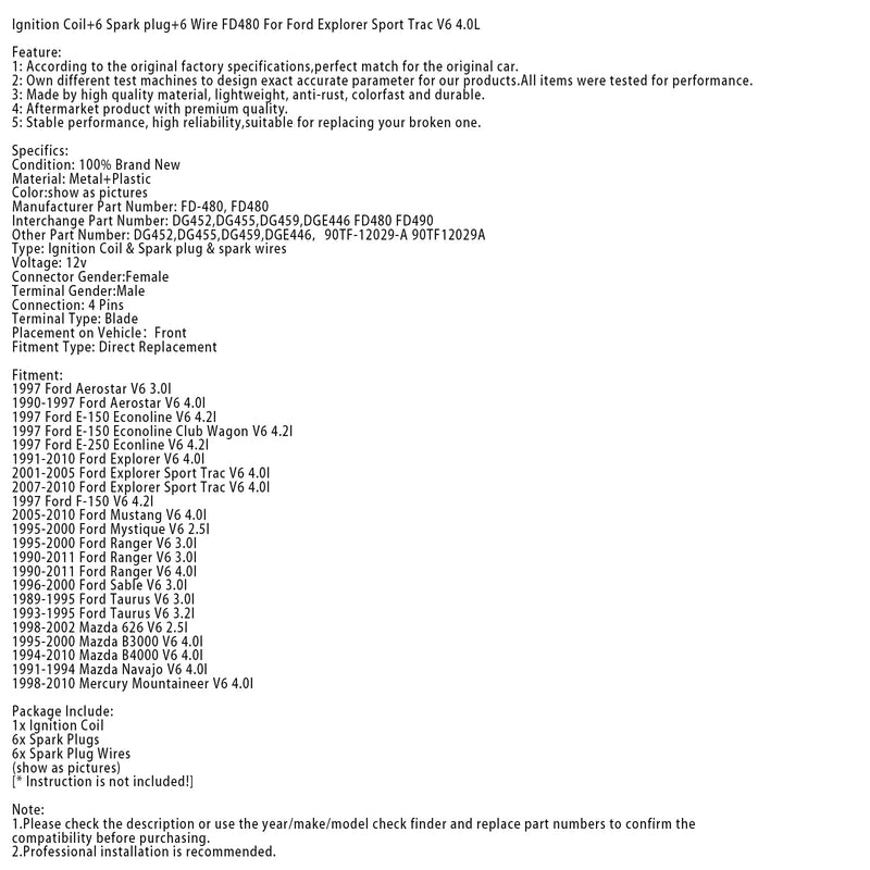 Cewka zapłonowa + 6 świec zapłonowych + 6 przewodów FD480 dla Ford Explorer Sport Trac V6 4.0L