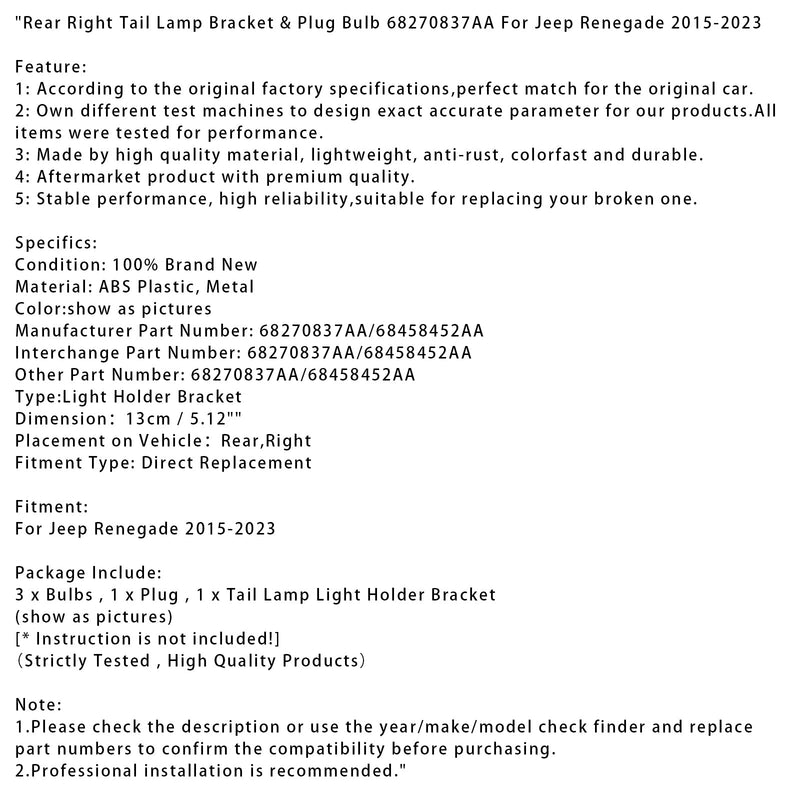 2015-2023 Jeep Renegade Rücklichthalterung hinten rechts und Steckerbirne 68270837AA