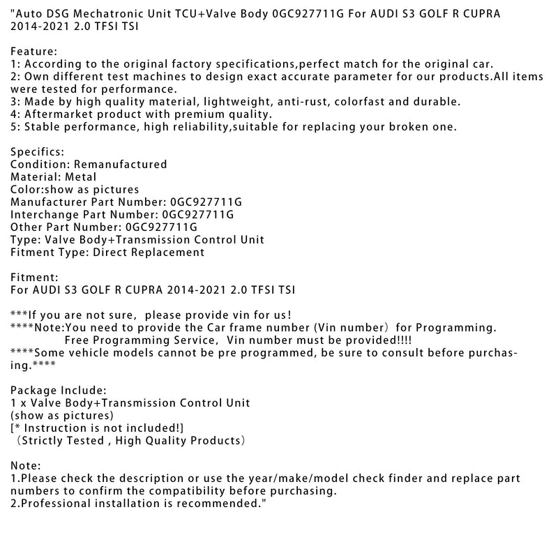 2014–2021 Audi S3 Golf R Cupra 2.0 TSI TSI Auto DSG Mechatronics Unit TCU+Venttiilin runko 0GC927711
