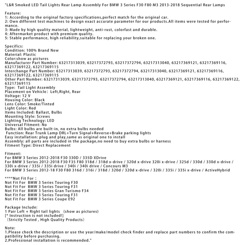 L&amp;R Geräucherte LED Rückleuchten Hinten Lampe Montage Für BMW 3 F30 F80 M3 2013-2018