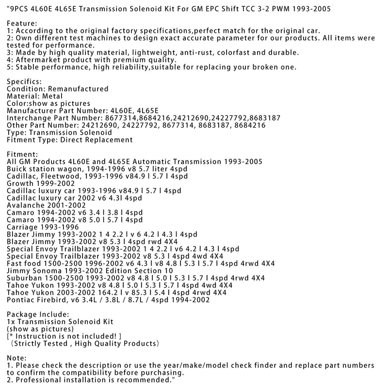 1993-2002 Tahoe Yukon V8 4,8 l 5,0 l 5,3 l 5,7 l 4-Gang 4WD 4X4 9-teiliges 4L60E 4L65E Getriebe-Magnetschalter-Kit 8677314