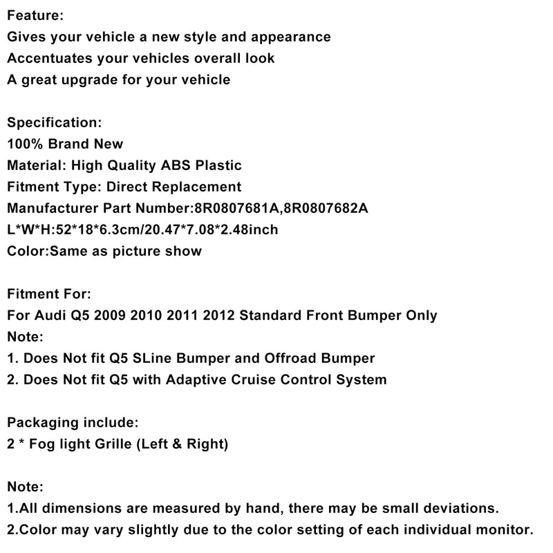 2009–2012 Audi Q5 2 kappaletta etulattian palkkigrillin sumuvalojen lampun kansi
