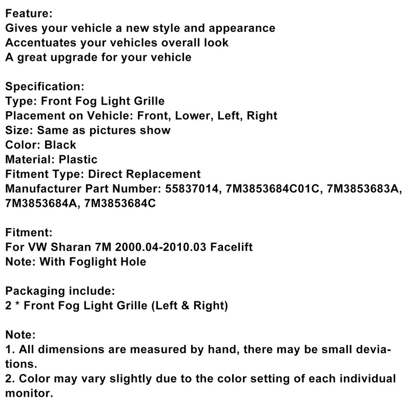 2000-2010 VW Sharan 7m Floor Rod Luzes de neblina com luzes de nevoeiro Hole