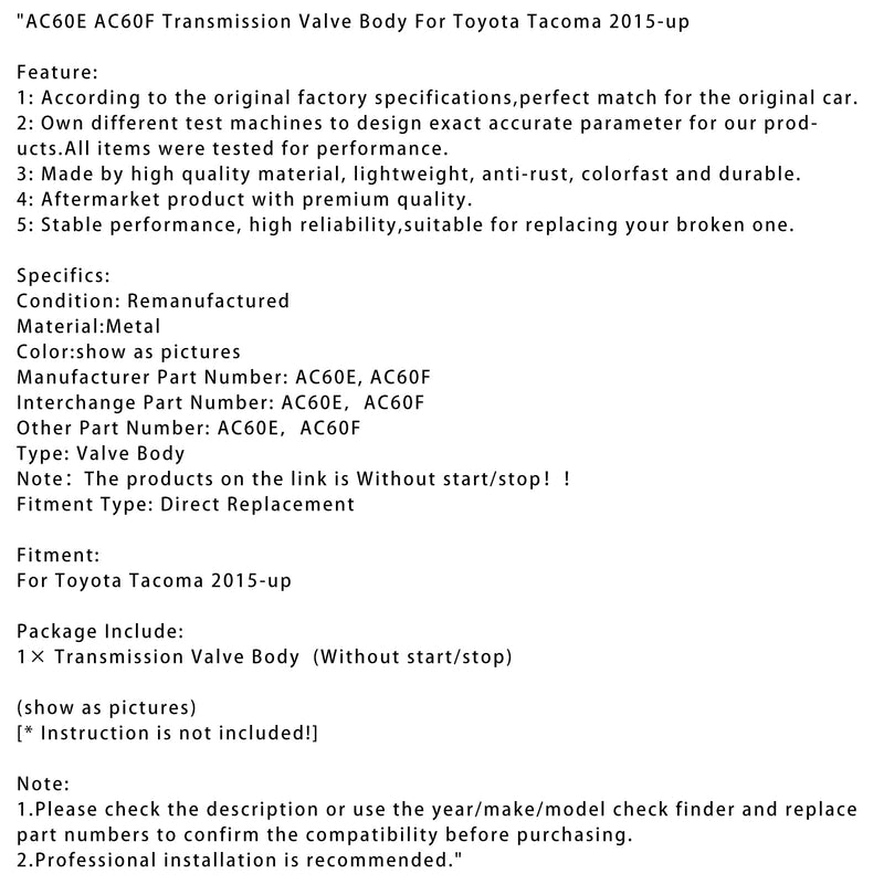 Těleso ventilu převodovky Toyota Tacoma z roku 2015 AC60E AC60F