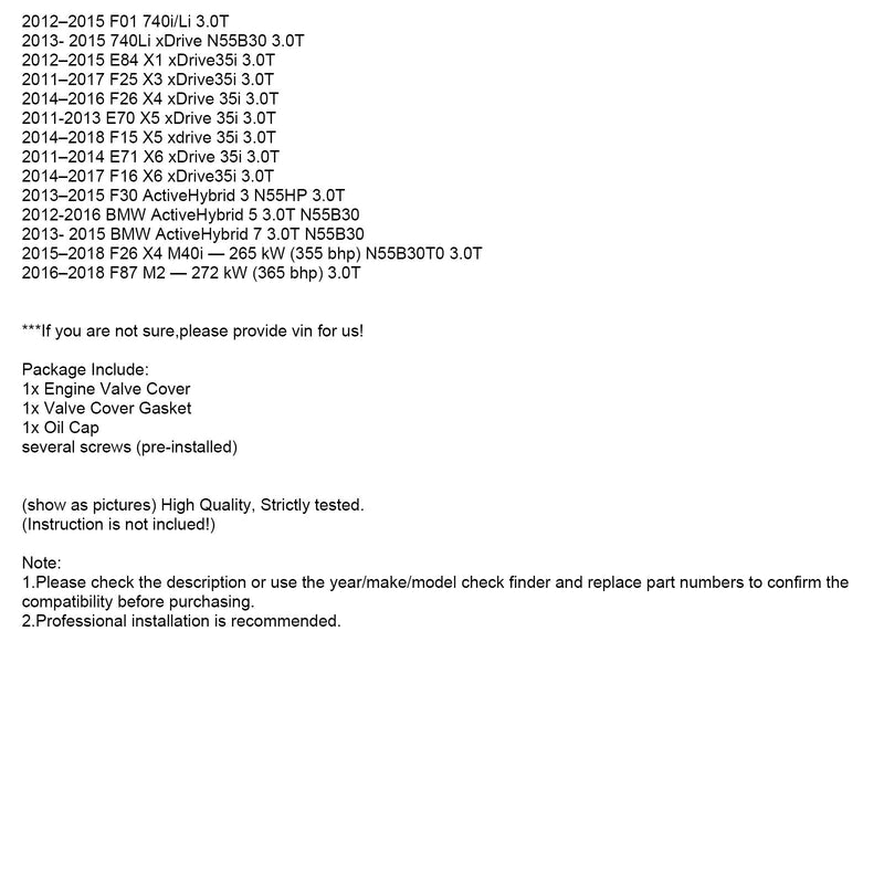 2012-2013 BMW E82/E88 135is 3,0L turboladdare N55B30 Motorventilkåpa med packning + lock 11127570292