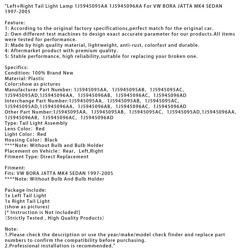VW Bora Jatta MK4 Limousine (1997–2005) Rücklicht links + rechts, Teilenummer 1J5945095AA 96AA