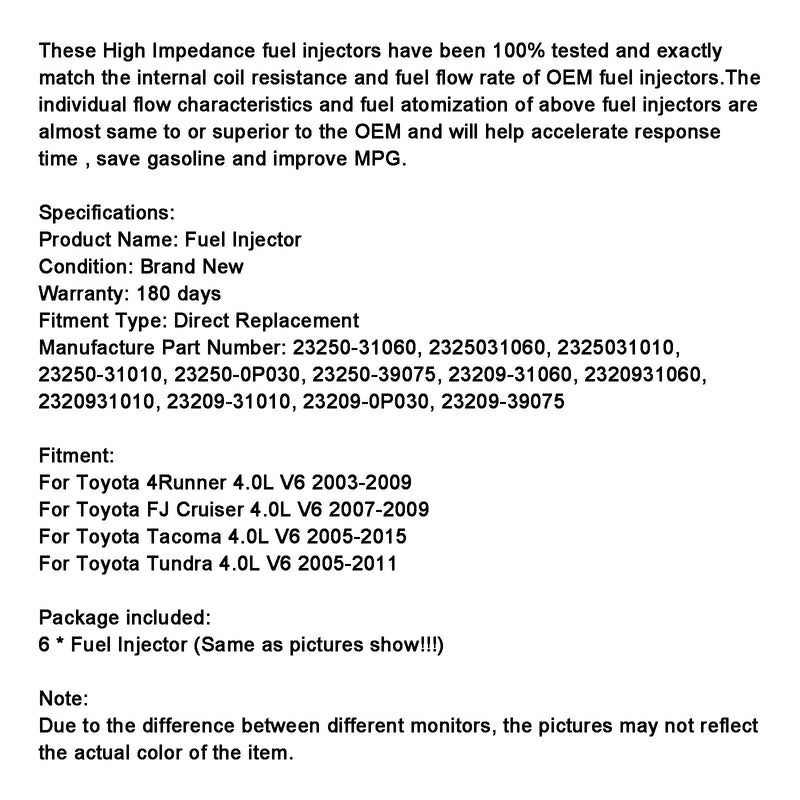6 STK drivstoffinjektor 23250-31060 Passer til Toyota Tacoma 4Runner FJ Cruiser 23250-31010