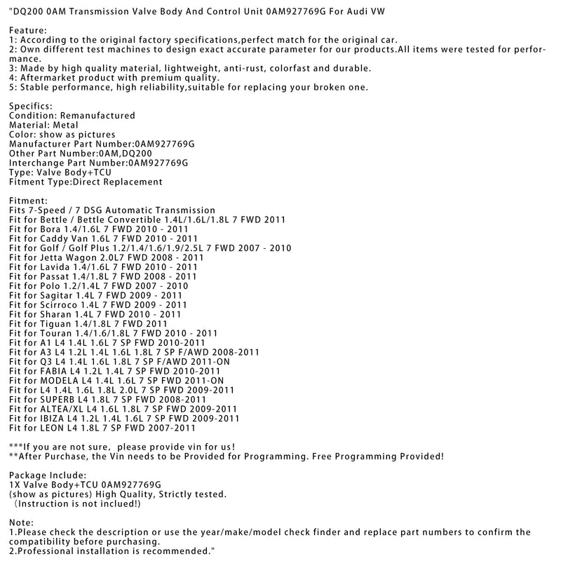 2007-2010 Golf/golf plus 1,2/1,4/1,9/2,5L 7 FWD DQ200 0AM-vaihdeventtiili ja ohjausyksikkö 0AM927769G