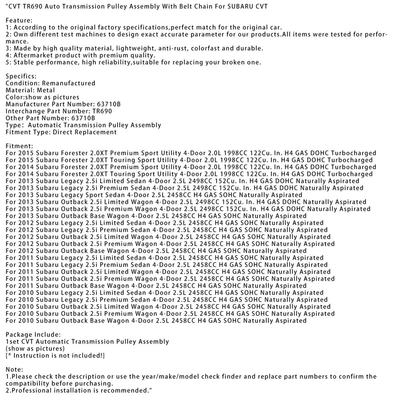 2010-2012 Subaru Outback 2.5i Limited Wagon 4-dörrars 2.5L CVT TR690 Automatisk transmissionsremskiva med remkedja