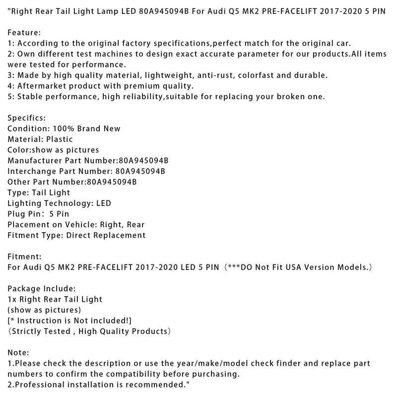 2017–2020 Audi Q5 MK2 Vor-Facelift Rechte Rückleuchte LED 5-polig 80A945094B