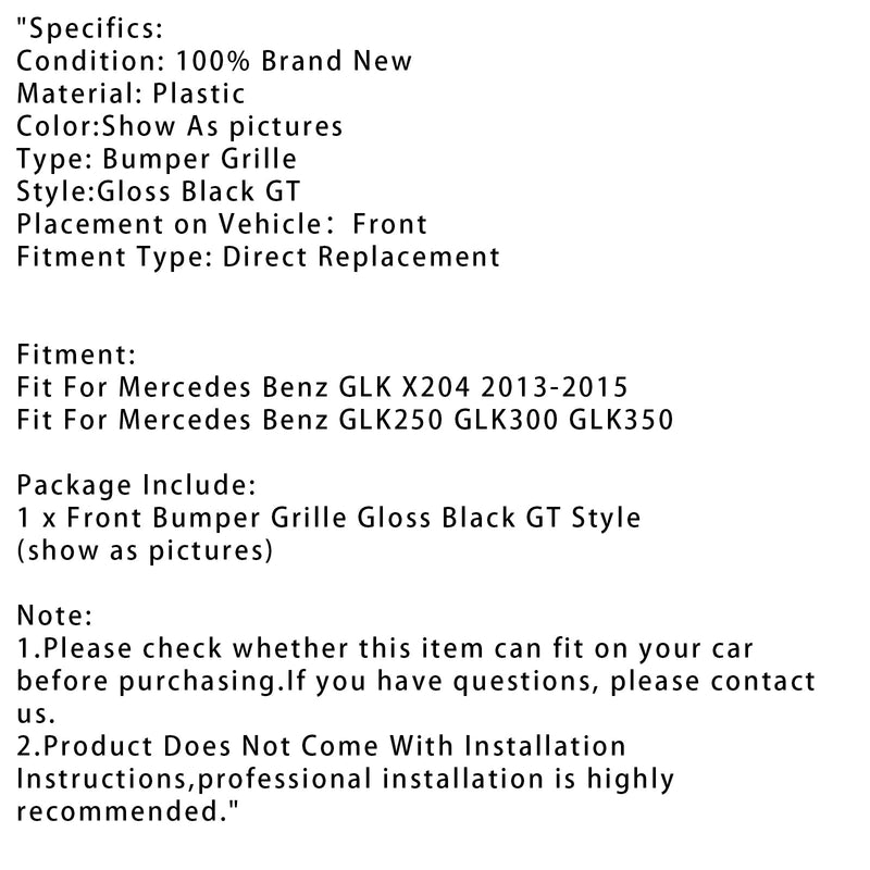 2013–2015 Mercedes Benz GLK X204 GT Kühlergrill in glänzendem Schwarz