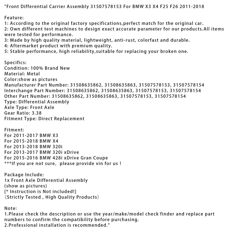 Vorderachsdifferentialträger für BMW X3 (2011–2017) Teilenummer: 31507578153, 31508635863