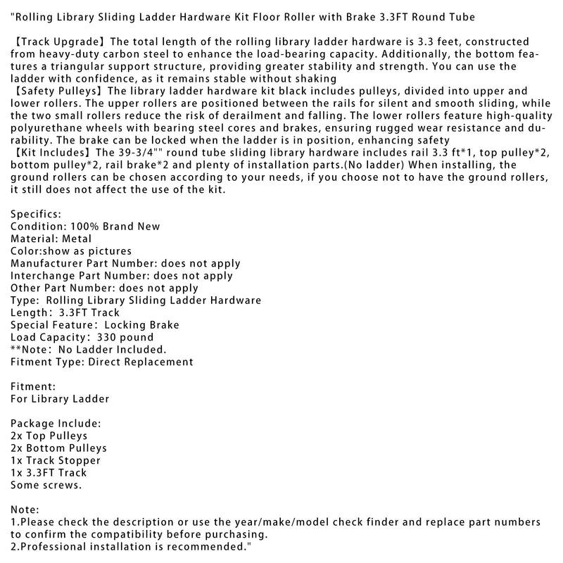 Rolling Library Sliding Ladder Hardware Kit med broms 3,3 ft rund rör