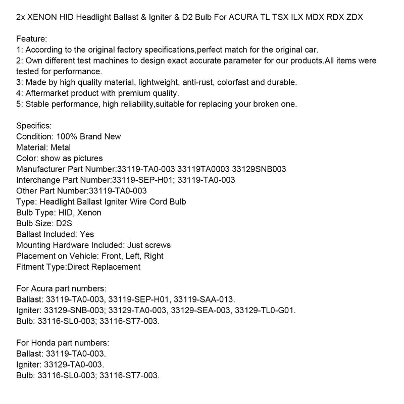 2006-2014 Acura TL XENON HID Frontlys Ballast & Tenner & D2 33119TA0003 Pære 2stk