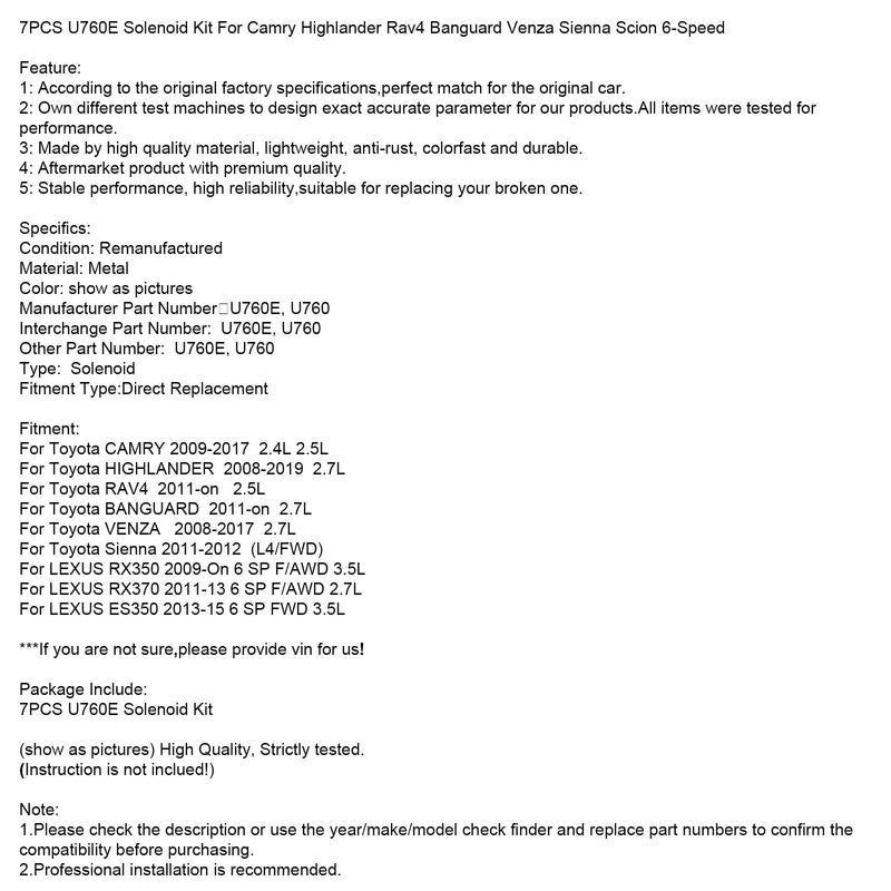 2008-2019 Toyota HIGHLANDER 2.7L 7-częściowy zestaw zaworu elektromagnetycznego U760E 6-biegowy