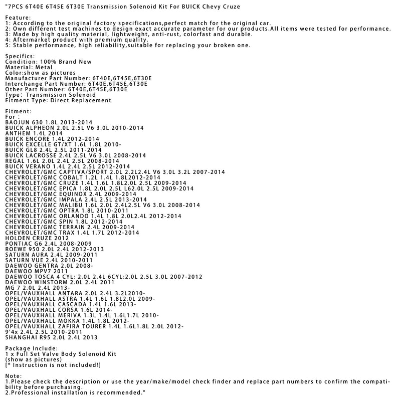 2009- OPEL/VAUXHALL ASTRA 1,4L 1,6L 1,8L 2,0L 7st 6T40E 6T45E 6T30E Transmissionsmagnetsats