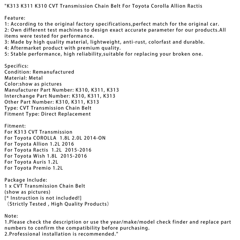 2015–2016 Toyota Ractis 1.2L K313 K311 K310 CVT-Getriebekettenriemen