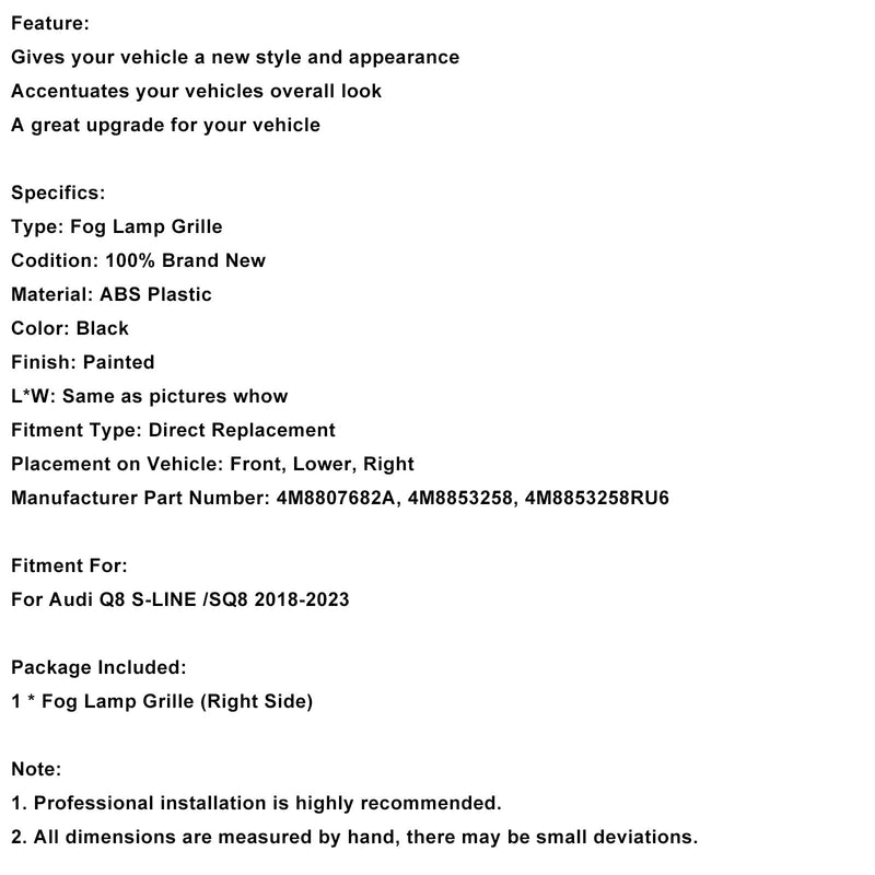 2018–2023 Audi Q8 S-Line SQ8 rechts vorne Stoßstange Grill Trim 4M8807682A