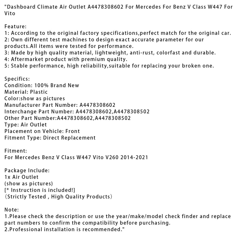 2014–2021 Mercedes Benz V-Klasse W447 Vito Armaturenbrett Klima Luftauslass A4478308602